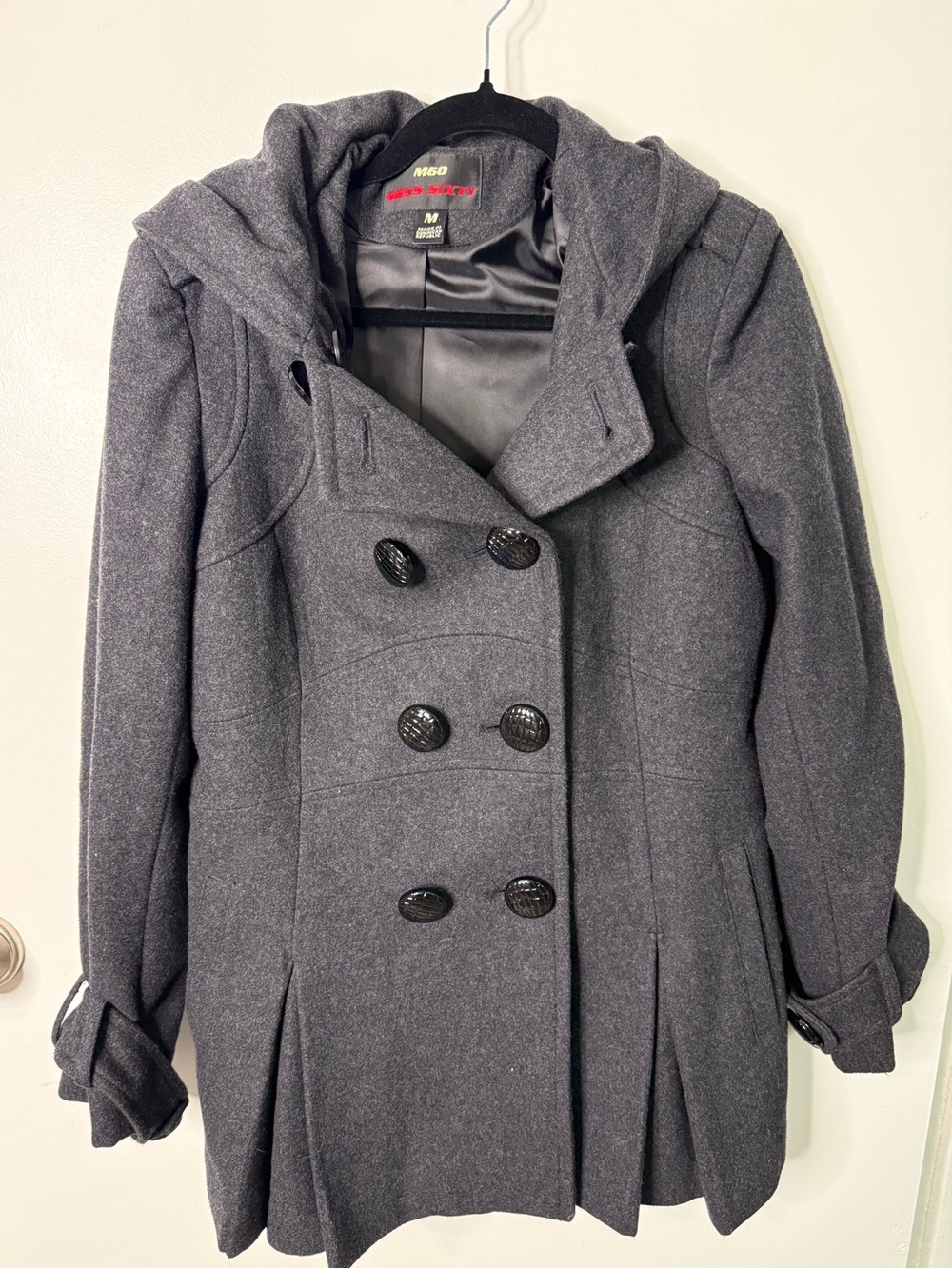 Miss Sixty M60 Gray Wool Blend Hooded Peacoat Double Breasted Y2K Size M